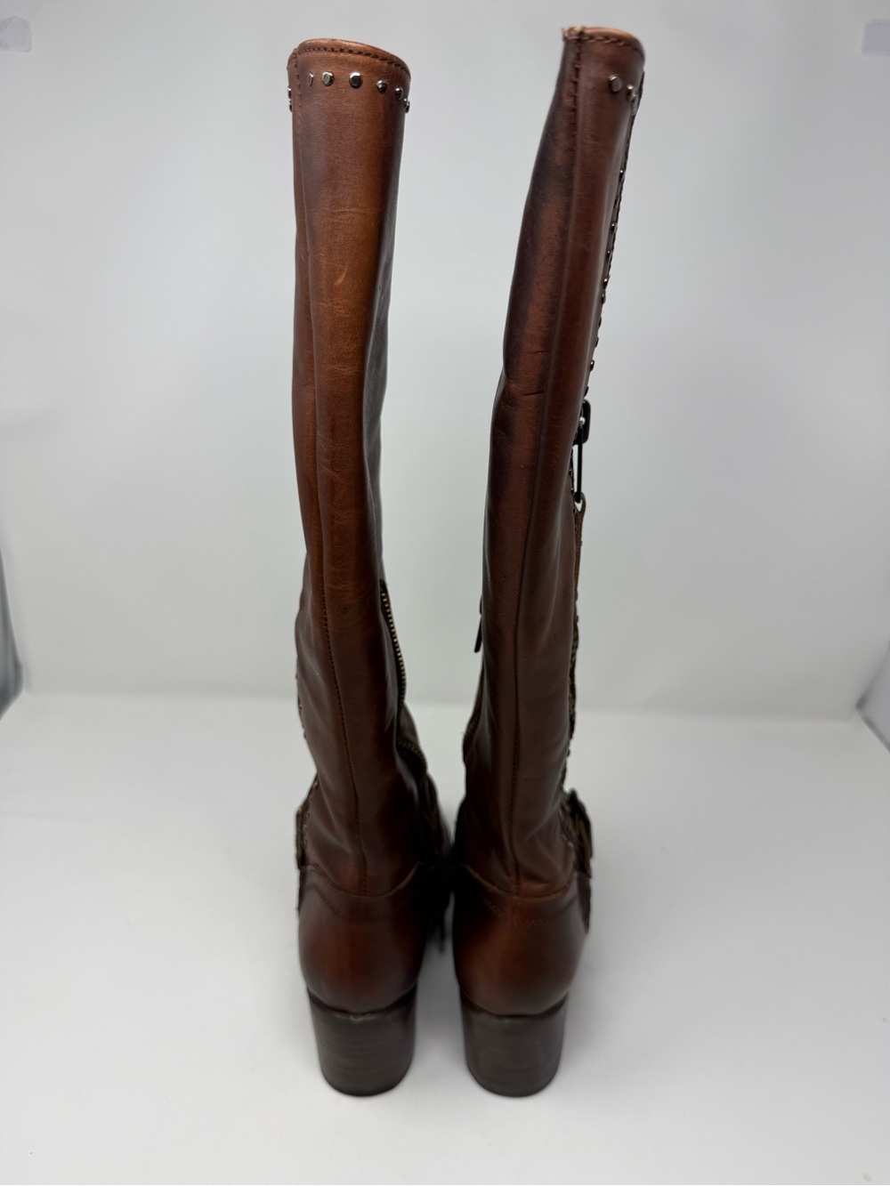 Born Brown Leather Tall Riding Boots with Studded Zip - Picture 7 of 8